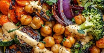 Roasted Vegetable & Chickpea Bowl with Maple Dijon Tahini Dressing