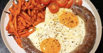 Sausage, Fried Eggs & Sweet Potato Fries Plate