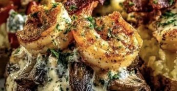 Steak, Shrimp & Mushroom Loaded Baked Potatoes