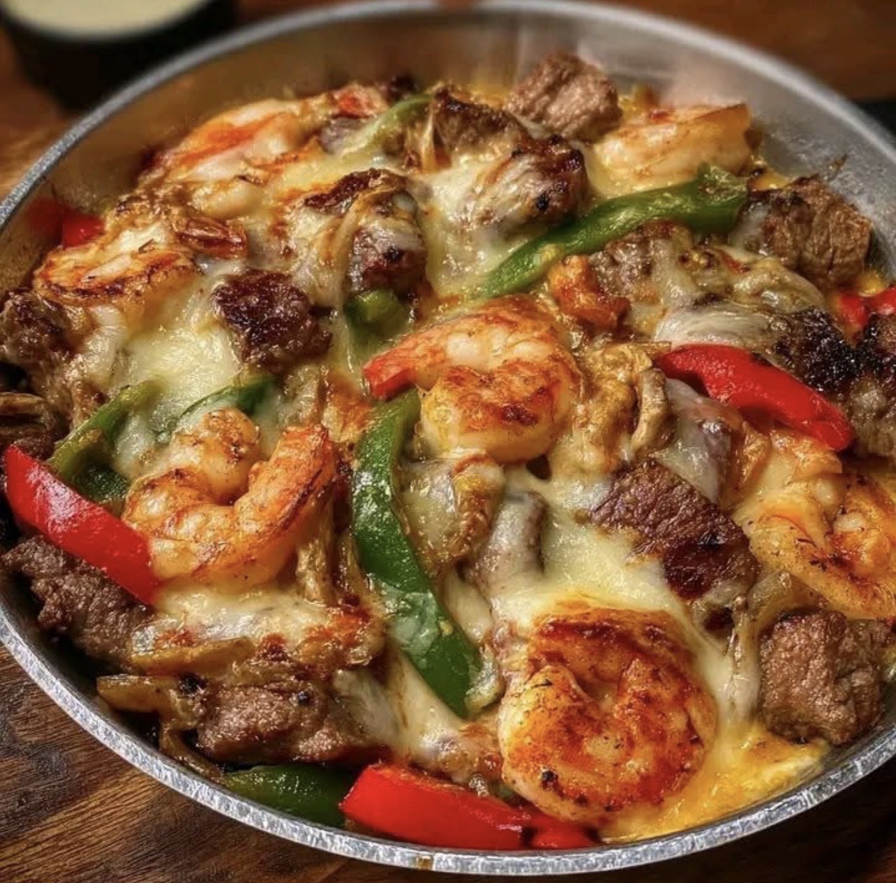 Cheesy Steak & Shrimp Skillet